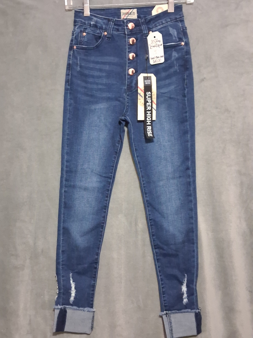 Denim Blvd. L.A. Super High Rise Skinny Juniors Size 1 Button Fly DistresseJeans